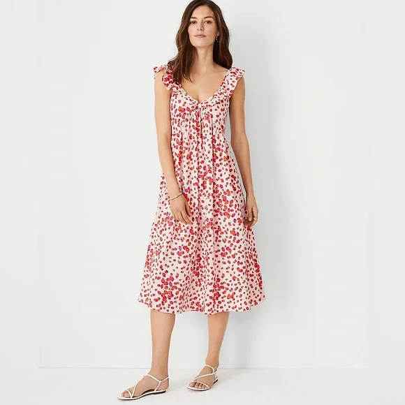 Ann Taylor | Dresses | Ann Taylor Strawberry Linen Blend Ruffle Sleeve  Flare Midi Dress Size 6 | Poshmark